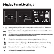 Display panel of EvaKool 65L Down Under Series II dual zone fridge freezer showing temperature and battery info