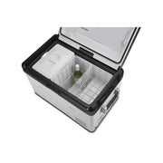 EvaKool 65L Down Under Series II dual zone fridge freezer with open lid showing interior