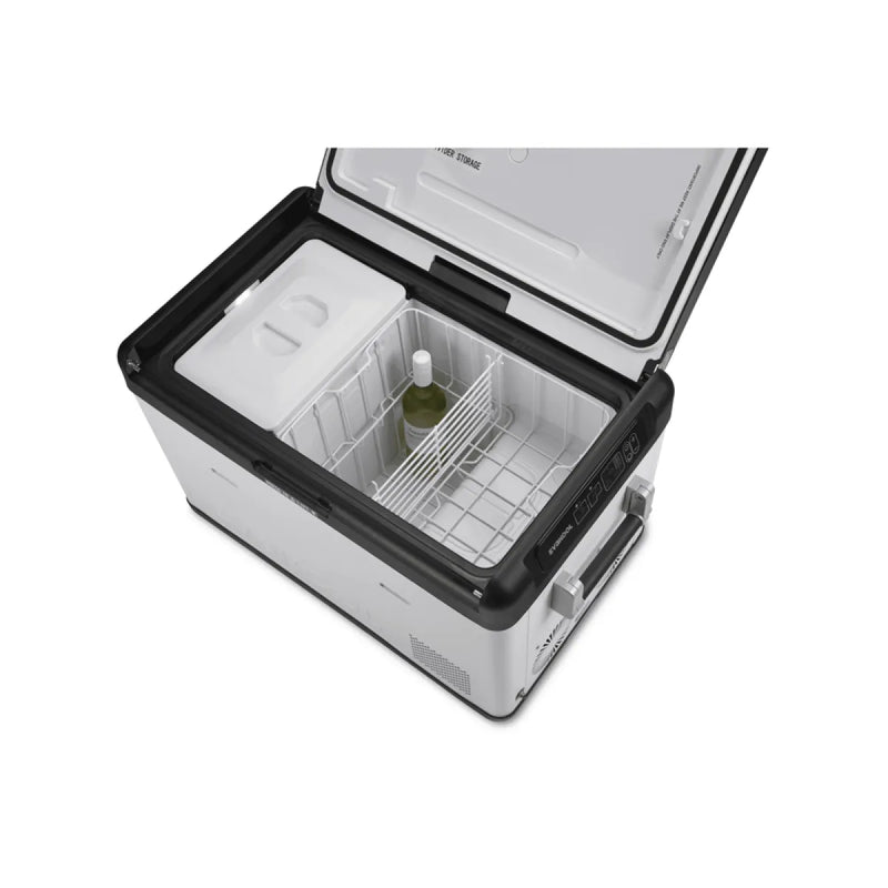 EvaKool 65L Down Under Series II dual zone fridge freezer with open lid showing interior