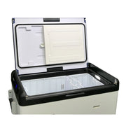 EvaKool 65L Down Under Series II dual zone fridge freezer with open lid and interior compartments