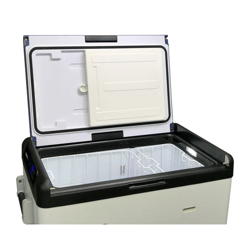 EvaKool 65L Down Under Series II dual zone fridge freezer with open lid and interior compartments