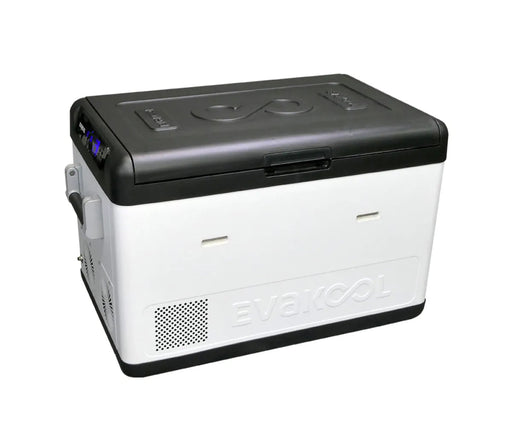 EvaKool 65L Down Under Series II dual zone fridge freezer with black lid and white body