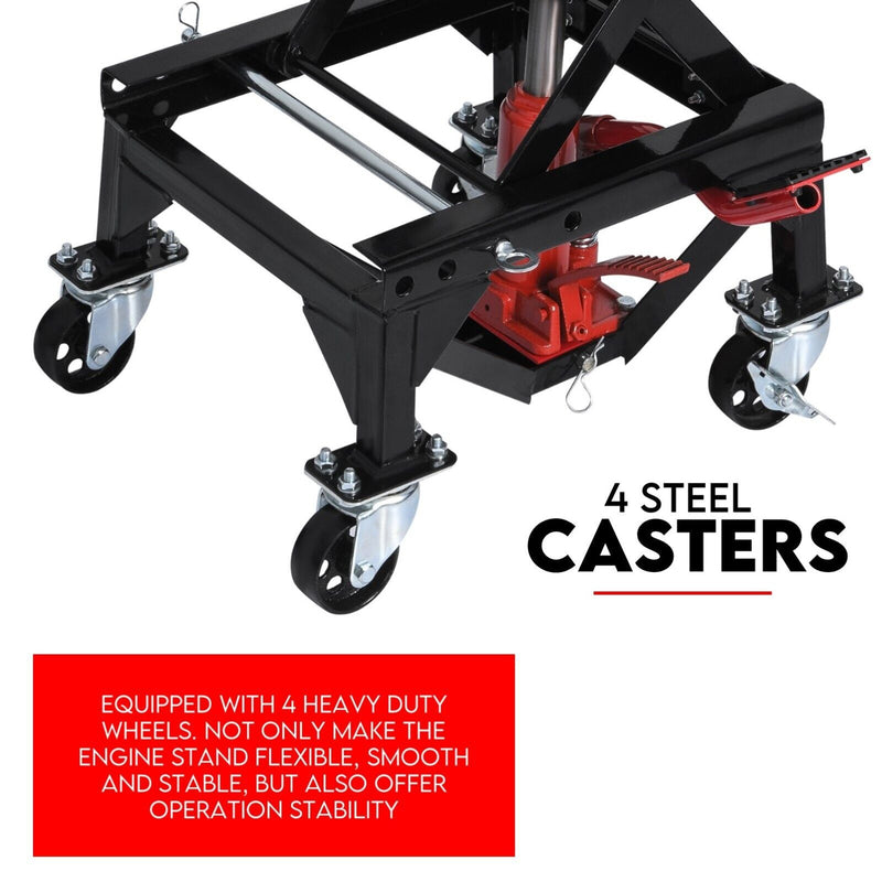 Motorcycle stand with 4 steel casters on a white background