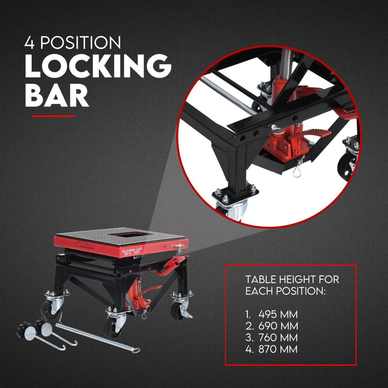 4-position locking bar with table height specifications on a dark background