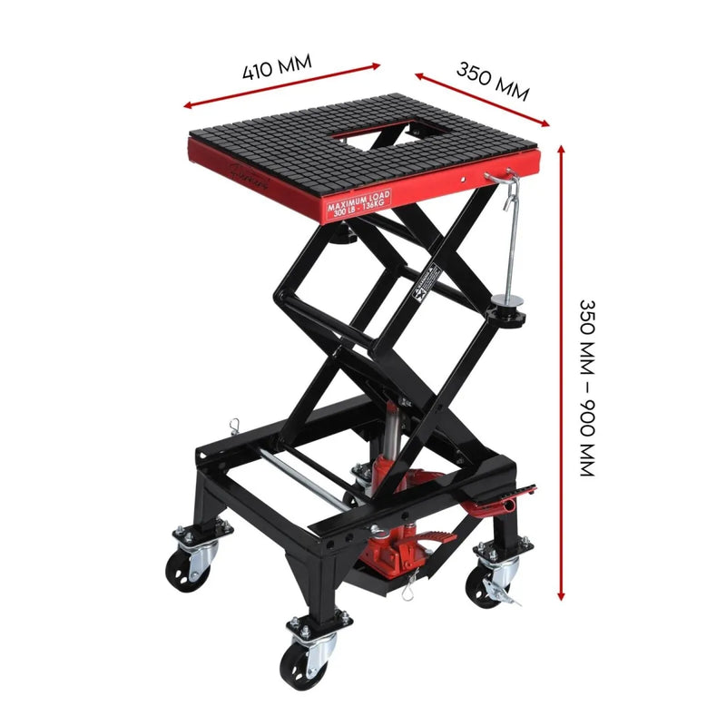 Scissor lift table with dimensions on a white background