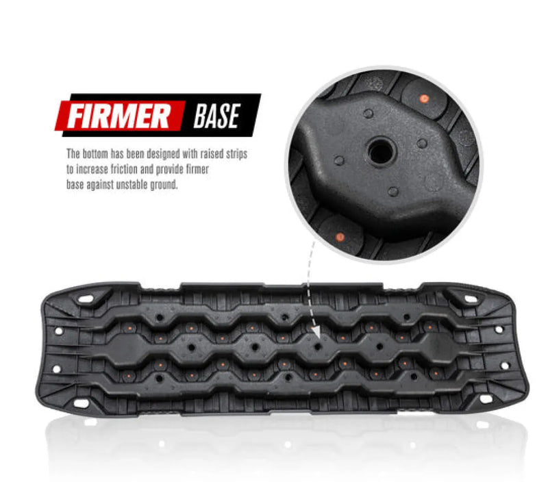 Black plastic recovery board with textured surface and mounting holes for recovery tracks