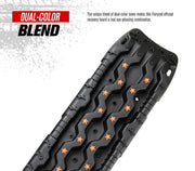 Black tactical folding knife handle with orange accents, ideal for recovery tracks and boards