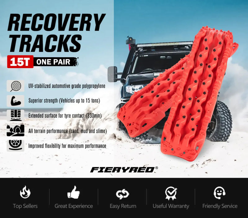 Bright red off-road recovery tracks made of automotive grade polypropylene with textured surface