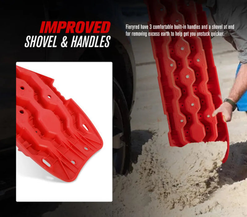 Red plastic snow shovel with textured surface and holes for recovery boards in automotive grade polypropylene