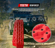 Red off-road recovery traction board made of automotive grade polypropylene with reinforced teeth for improved grip