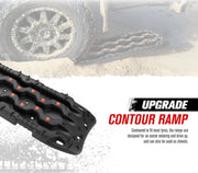Red off-road recovery traction board mounted on rugged 4x4 vehicle, automotive grade polypropylene recovery boards