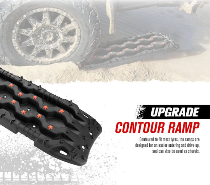 Red off-road recovery traction board mounted on rugged 4x4 vehicle, automotive grade polypropylene recovery boards