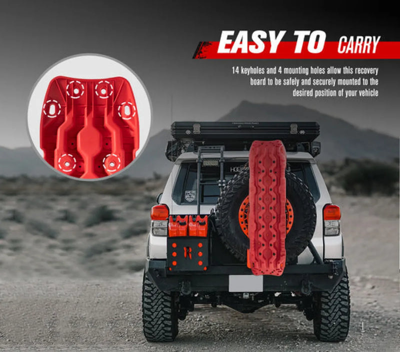 Red off-road recovery traction board mounted on rugged 4x4 vehicle, made from automotive grade polypropylene recovery boards