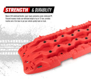 Red off-road recovery boards with textured surface and holes made from automotive grade polypropylene