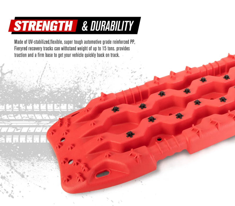 Red off-road recovery boards with textured surface and holes made from automotive grade polypropylene