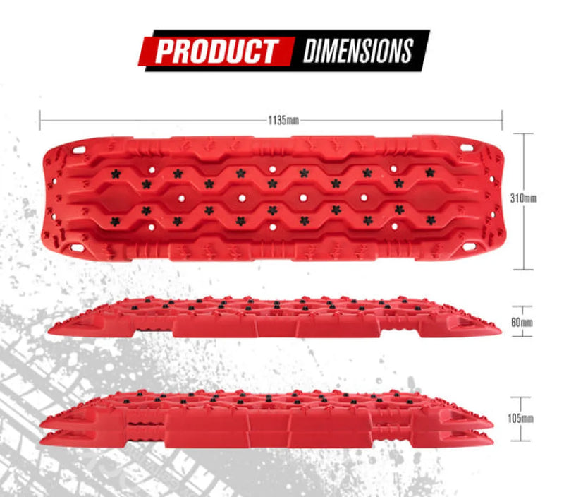Red off-road recovery traction board with hexagonal cutouts made from automotive grade polypropylene