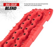 Red off-road recovery tracks with black tread patterns made from automotive grade polypropylene