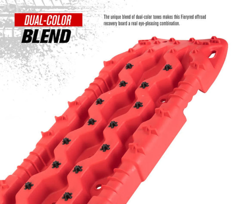 Red off-road recovery tracks with black tread patterns made from automotive grade polypropylene