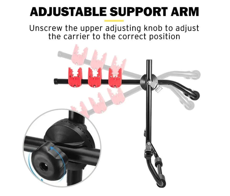 Adjustable support arm with carrier and upper knob on FieryRed 3 Bike Rack Foldable Bicycle Carrier