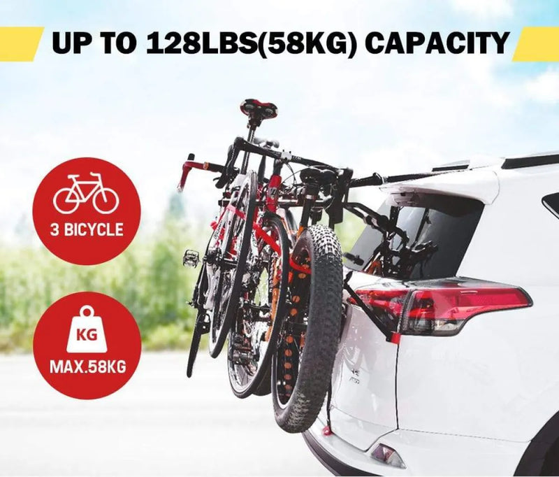 FieryRed 3 Bike Rack Foldable Bicycle Carrier attached to car rear, holds up to 3 bikes