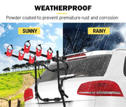 FieryRed 3 Bike Rack Foldable Bicycle Carrier mounted on car rear in sunny and rainy conditions