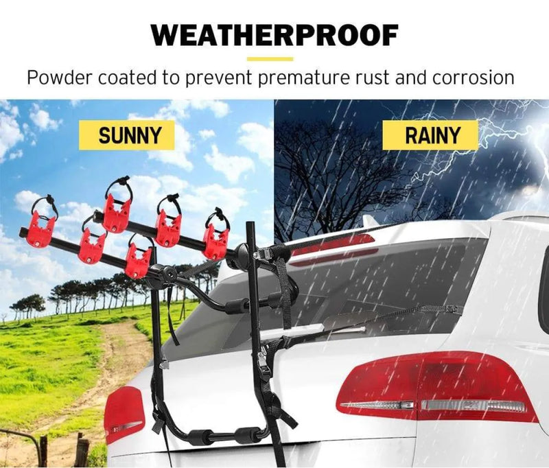 FieryRed 3 Bike Rack Foldable Bicycle Carrier mounted on car rear in sunny and rainy conditions
