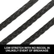 Black braided dyneema synthetic winch rope displayed diagonally in the image