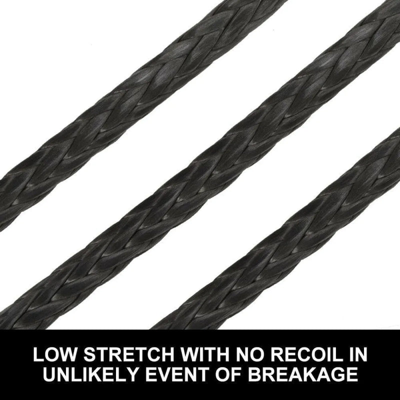 Black braided dyneema synthetic winch rope displayed diagonally in the image
