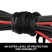 Synthetic winch rope with black protective sleeve and red Dyneema core for durability