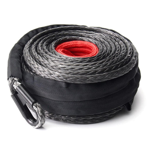 Coiled synthetic winch rope with red core and metal hook, Dyneema synthetic winch rope
