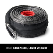 Coiled Dyneema Synthetic Winch Rope with Red Core and Metal Hook Attachment