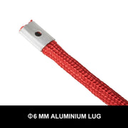 Red braided Dyneema synthetic winch rope with metal lug connector at one end