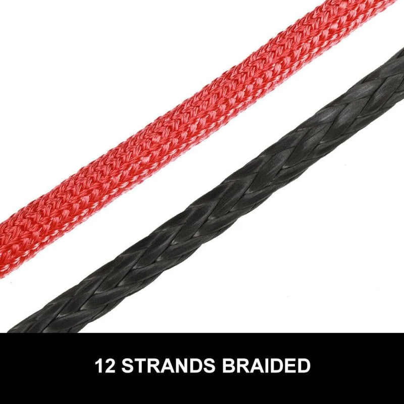 Red and black braided Dyneema synthetic winch rope with 12 strands each, 10mm x 30m