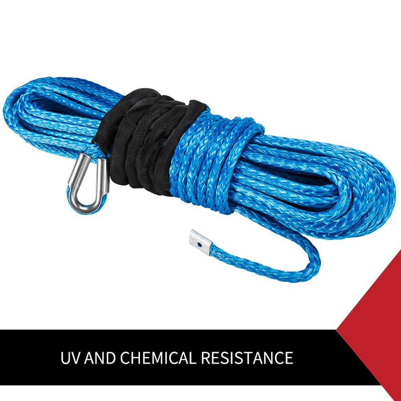 Blue synthetic winch rope with metal hook and black wrap for FieryRed Dyneema Winch Rope