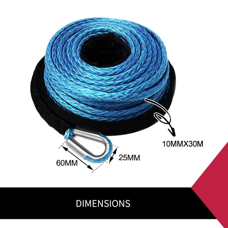 Blue synthetic winch rope coiled on spool with metal hook for FieryRed Dyneema synthetic winch