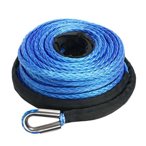 Blue synthetic winch rope with metal hook for durable winch applications