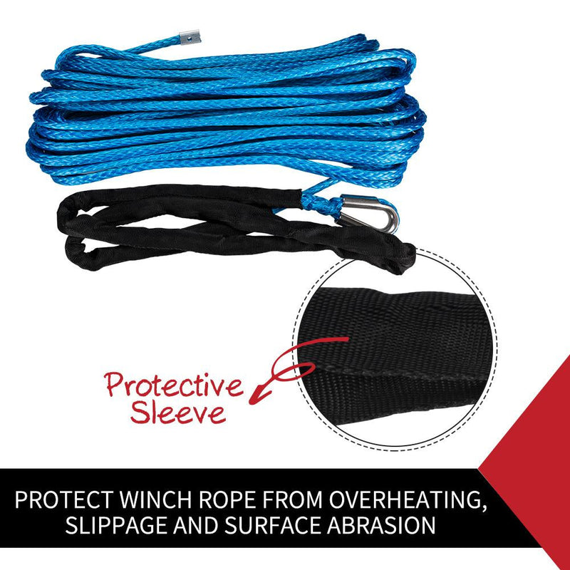 Blue synthetic winch rope with protective sleeve and metal hook attachment for durable winching
