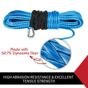 Blue Synthetic Winch Rope with Metal Hook and Black Protective Sleeve