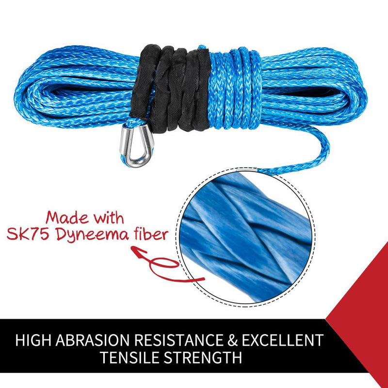 Blue Synthetic Winch Rope with Metal Hook and Black Protective Sleeve