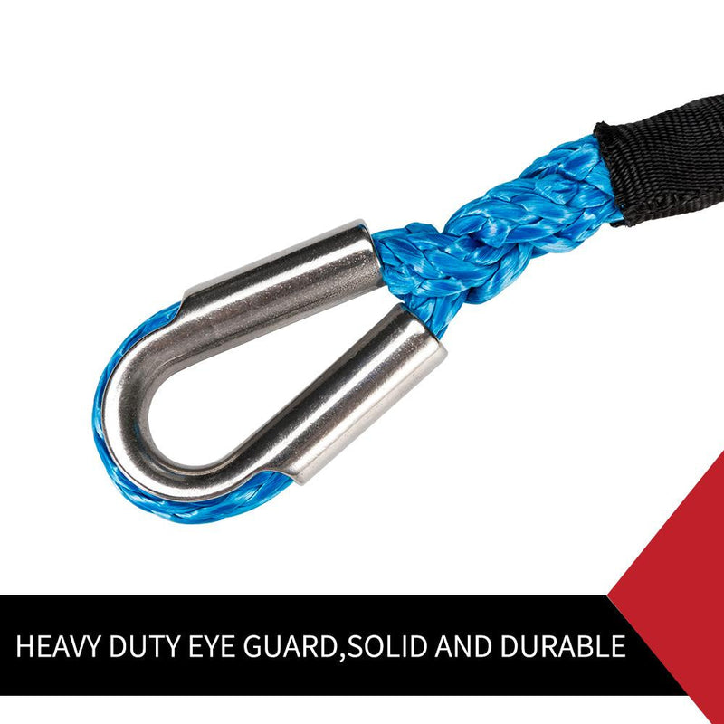 Metal carabiner attached to Blue FieryRed Dyneema synthetic winch rope and black strap