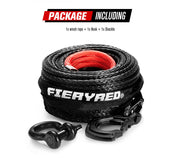 Black Dyneema synthetic winch rope with red core and metal hooks at ends for heavy-duty use