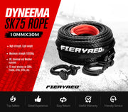 Black Dyneema synthetic winch rope with red core and metal hooks for heavy-duty towing