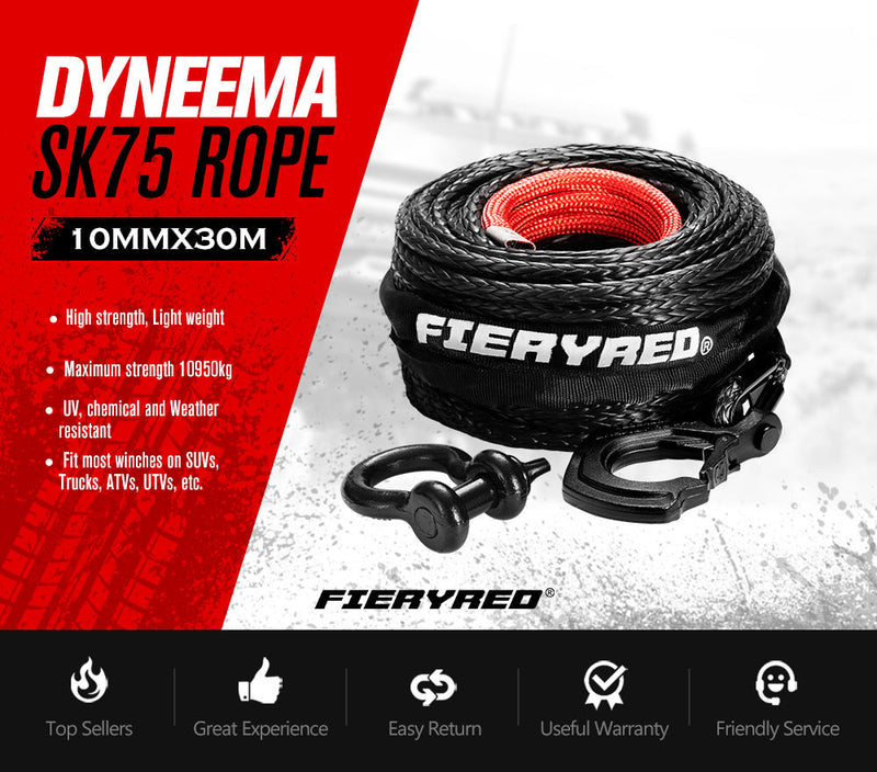 Black Dyneema synthetic winch rope with red core and metal hooks for heavy-duty towing