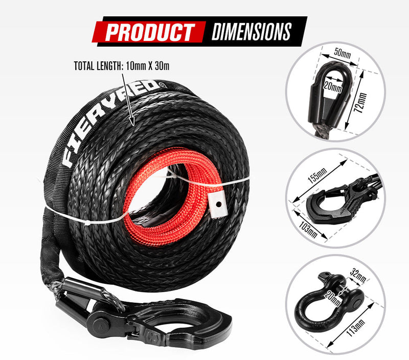 Synthetic winch rope with hook and protective sleeve for durability and strength