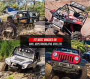 Collage of off-road vehicles with Dyneema synthetic winch rope in rugged terrain