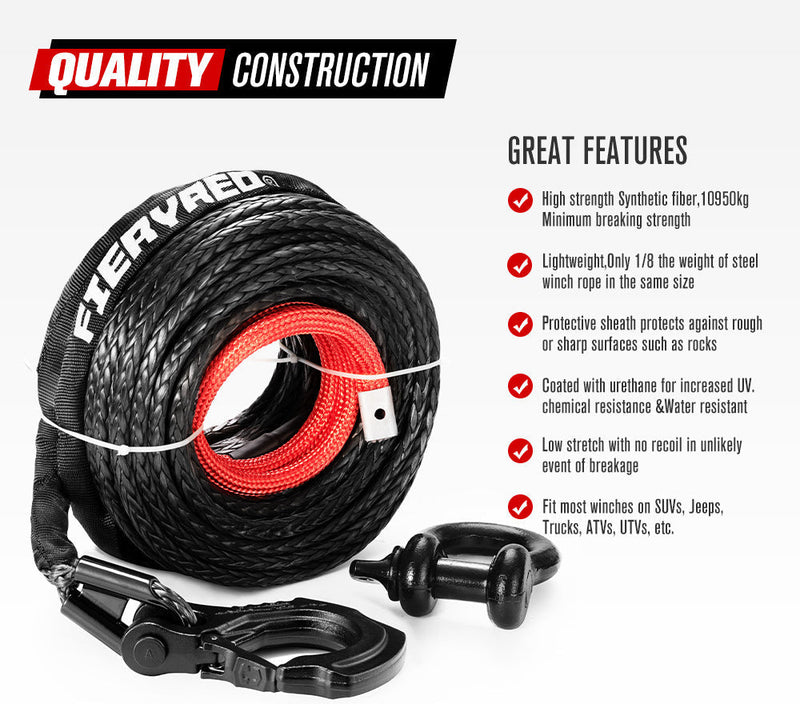 Heavy-duty Dyneema synthetic winch rope with red core and metal hooks for heavy towing