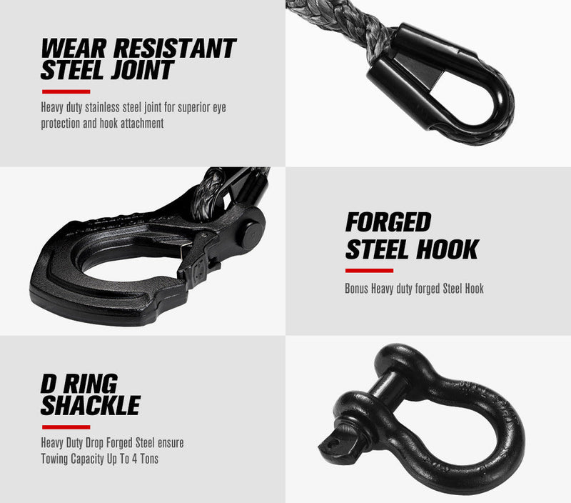 Heavy-duty steel hardware with joint, hook, shackle for synthetic winch rope applications