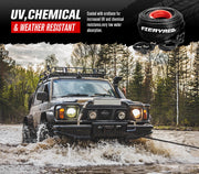Off-road vehicle splashing through water showcasing FieryRed Dyneema synthetic winch rope