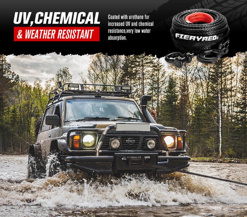 Off-road vehicle splashing through water showcasing FieryRed Dyneema synthetic winch rope