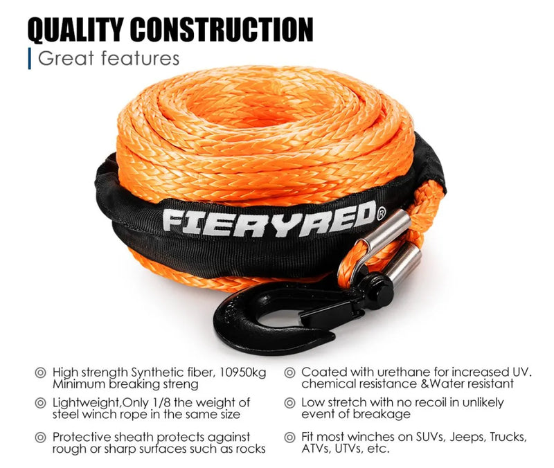 Orange synthetic Dyneema winch rope with protective sheath and metal hook for high strength synthetic applications